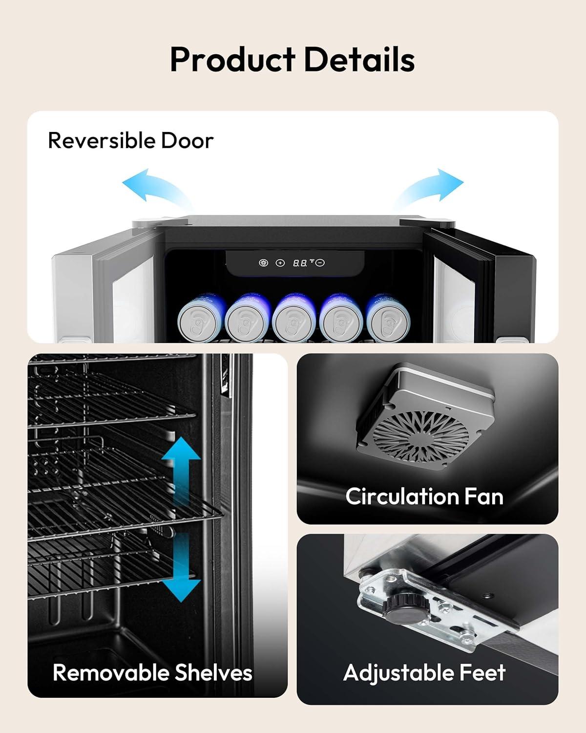image:imageEUHOMY Mini Fridge 130 Can Beverage Refrigerator Cooler Glass Door for Soda Wine Beer Beverage Cooler for Home Bar Office with Digital Temperature Control Adjustable Shelves 32 CuFt SilverBlack