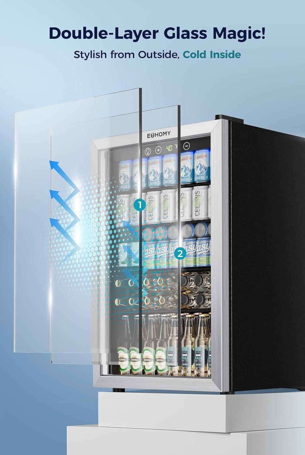 image:imageEUHOMY Mini Fridge 130 Can Beverage Refrigerator Cooler Glass Door for Soda Wine Beer Beverage Cooler for Home Bar Office with Digital Temperature Control Adjustable Shelves 32 CuFt SilverSilver
