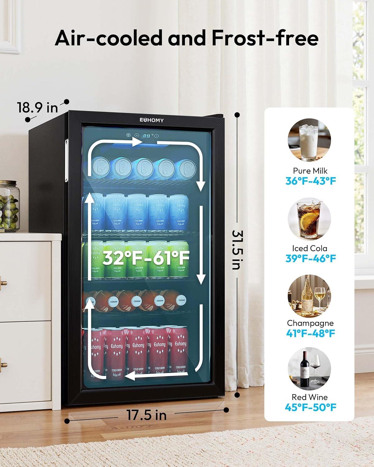 image:imageEUHOMY Mini Fridge 130 Can Beverage Refrigerator Cooler Glass Door for Soda Wine Beer Beverage Cooler for Home Bar Office with Digital Temperature Control Adjustable Shelves 32 CuFt SilverBlack