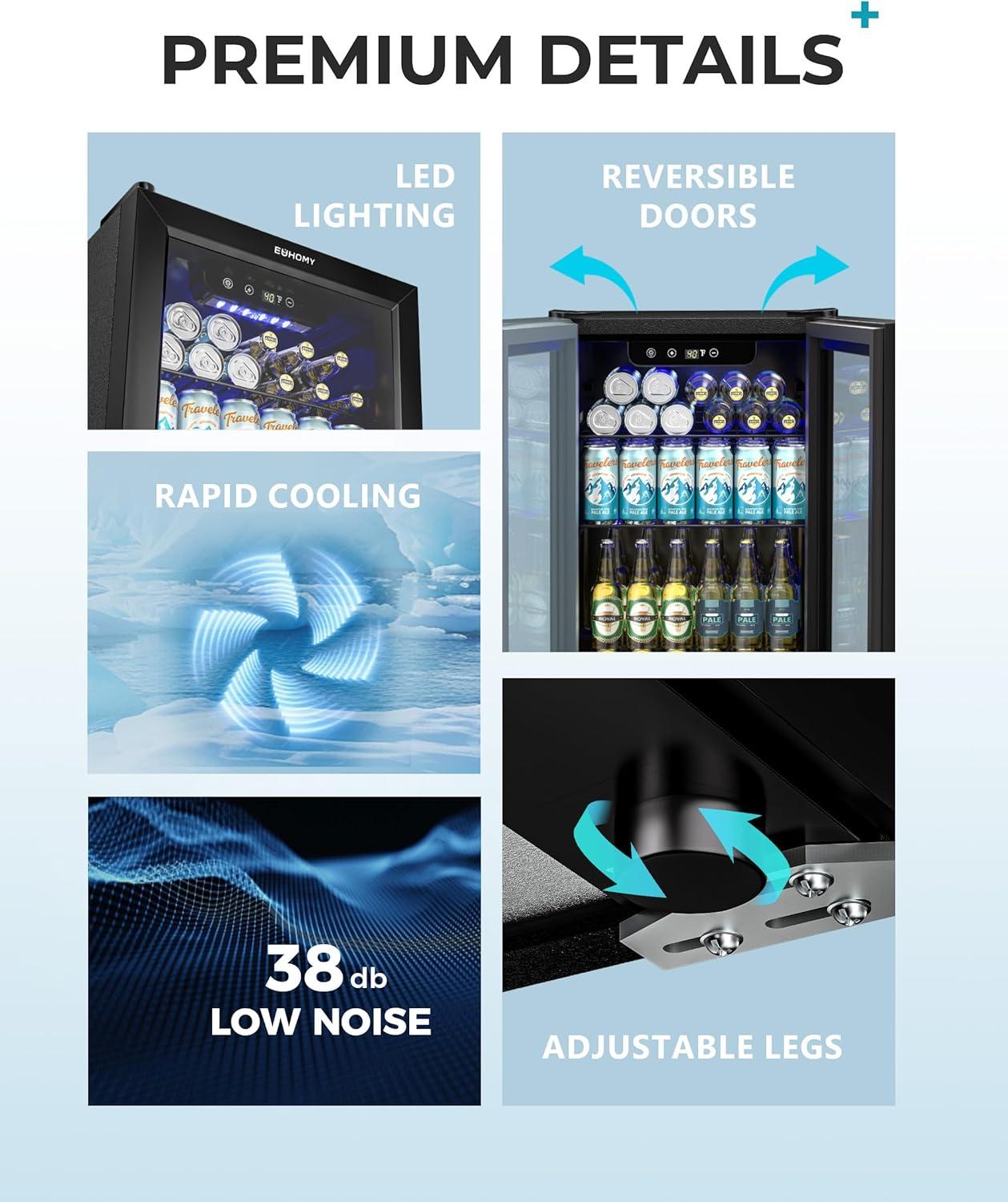 image:imageEUHOMY Mini Fridge 130 Can Beverage Refrigerator Cooler Glass Door for Soda Wine Beer Beverage Cooler for Home Bar Office with Digital Temperature Control Adjustable Shelves 32 CuFt SilverBlack