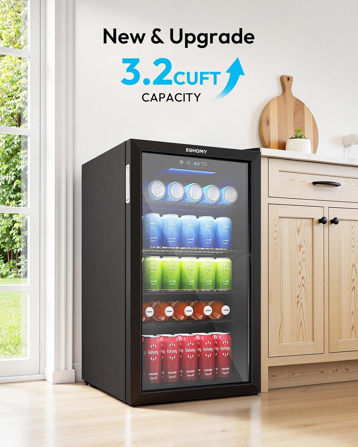 image:imageEUHOMY Mini Fridge 130 Can Beverage Refrigerator Cooler Glass Door for Soda Wine Beer Beverage Cooler for Home Bar Office with Digital Temperature Control Adjustable Shelves 32 CuFt SilverBlack