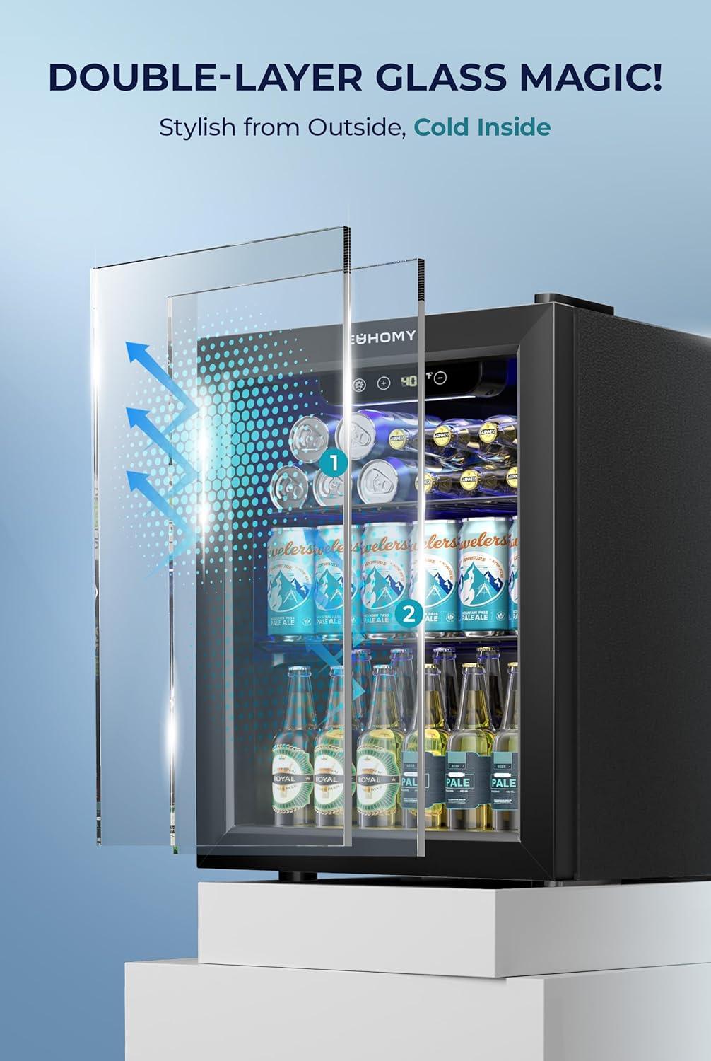 image:imageEUHOMY Mini Fridge 130 Can Beverage Refrigerator Cooler Glass Door for Soda Wine Beer Beverage Cooler for Home Bar Office with Digital Temperature Control Adjustable Shelves 32 CuFt SilverBlack