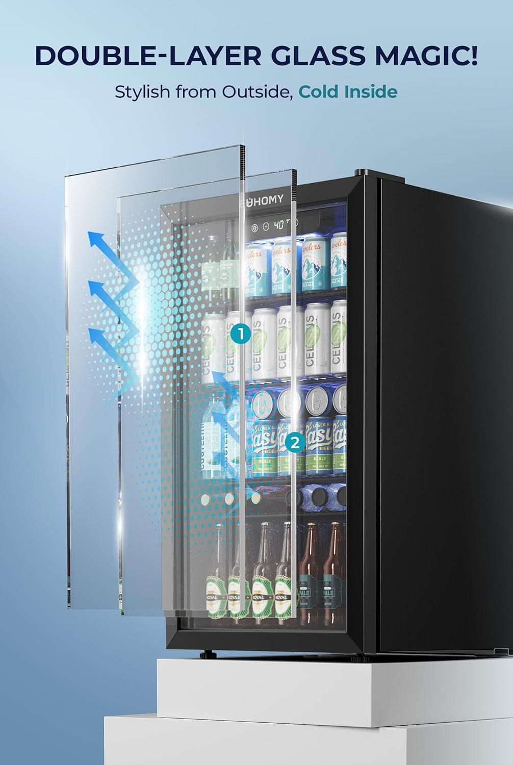 image:imageEUHOMY Mini Fridge 130 Can Beverage Refrigerator Cooler Glass Door for Soda Wine Beer Beverage Cooler for Home Bar Office with Digital Temperature Control Adjustable Shelves 32 CuFt SilverBlack