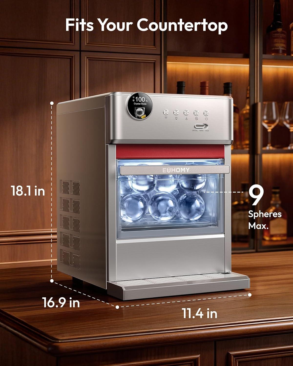 image:imageEUHOMY 25 Clear Ice Ball Maker 3 Clear Sphere Ice in 45 Mins 96pcs24H DualMode Countertop Ice Maker Machine with APP Control Continuous Cooling SelfCleaning Ideal for Whiskey Bourbon
