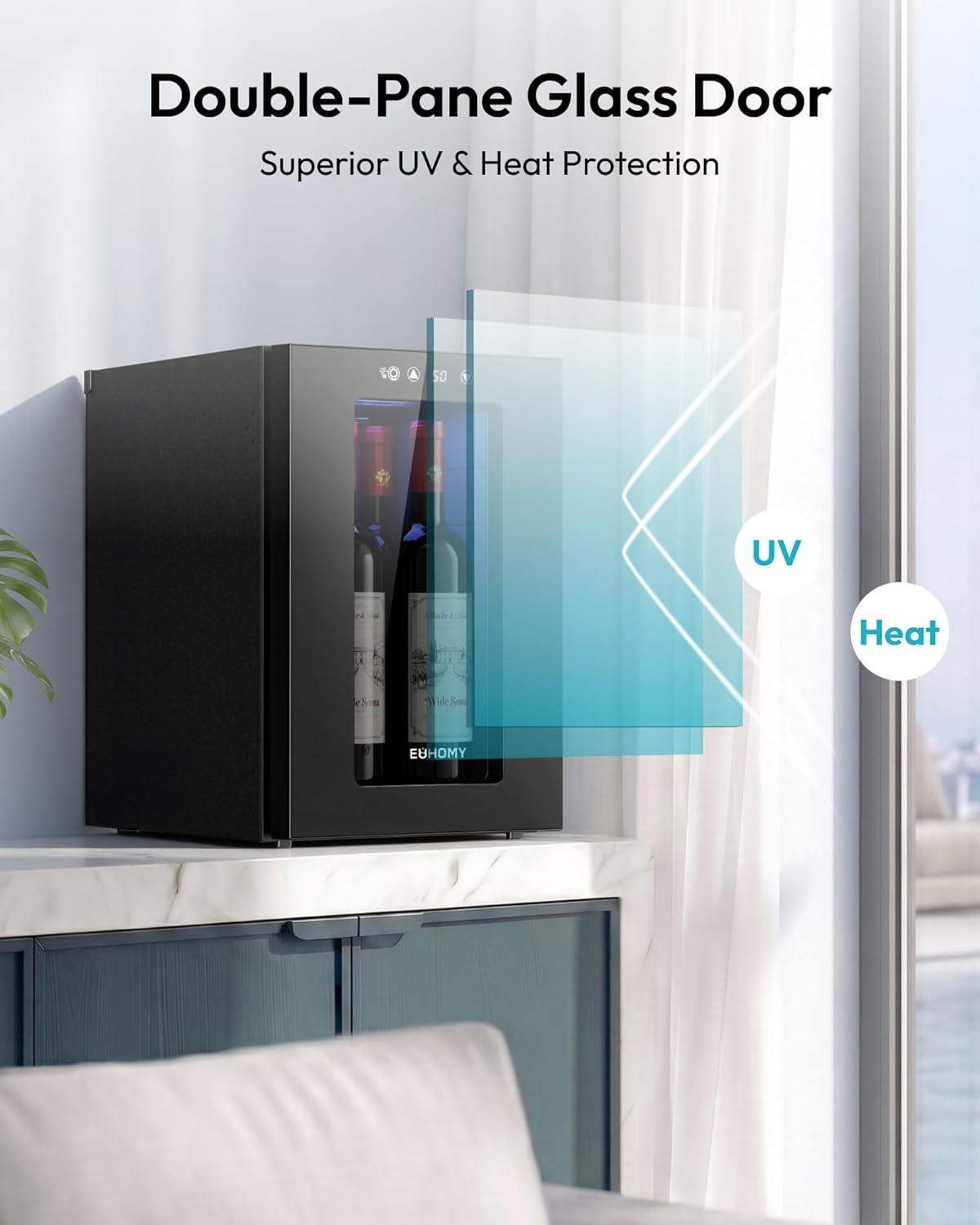 image:imageEUHOMY 18L Freestanding Countertop Wine Fridge Mini Fridge 4 Bottle and 6 Can Wine Cooler for Red White Wine Wine Cellar with LED Digital Temperature Display Quiet BlackBlack