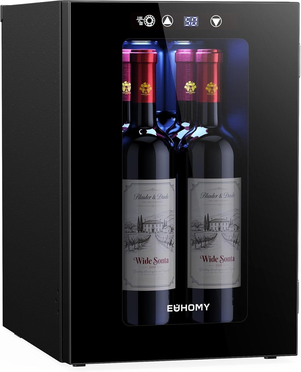 image:imageEUHOMY 18L Freestanding Countertop Wine Fridge Mini Fridge 4 Bottle and 6 Can Wine Cooler for Red White Wine Wine Cellar with LED Digital Temperature Display Quiet BlackBlack