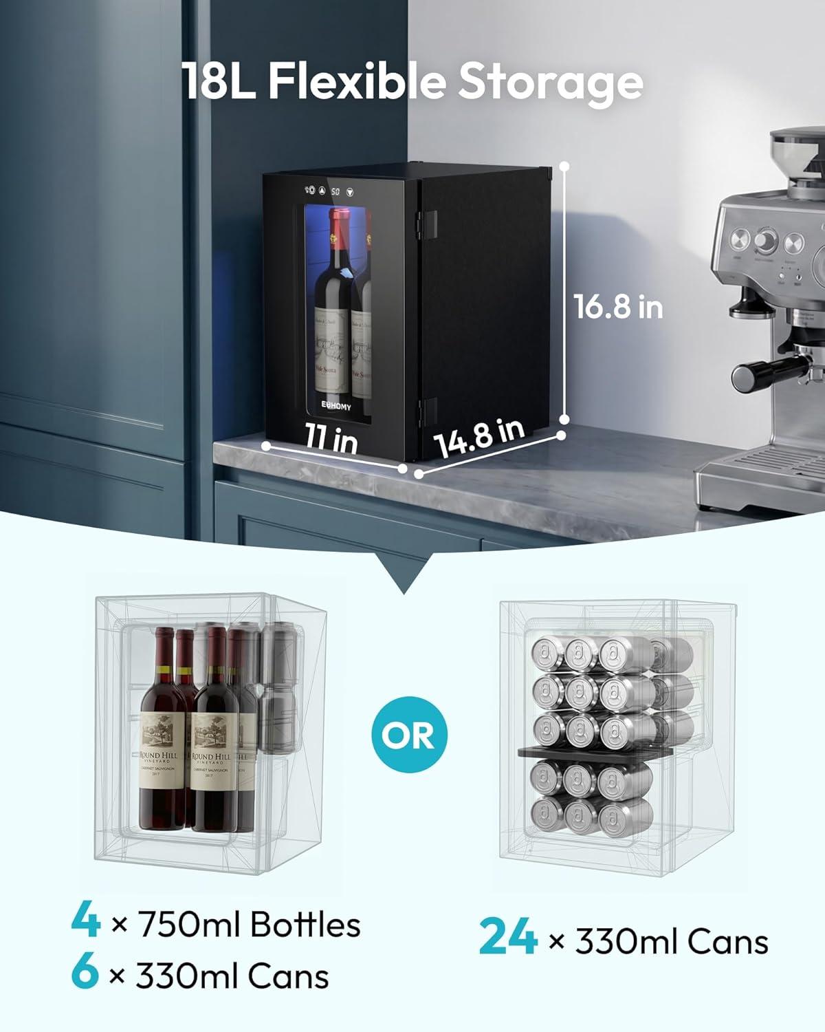 image:imageEUHOMY 18L Freestanding Countertop Wine Fridge Mini Fridge 4 Bottle and 6 Can Wine Cooler for Red White Wine Wine Cellar with LED Digital Temperature Display Quiet BlackBlack