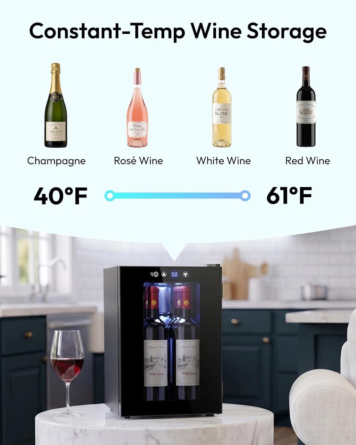 image:imageEUHOMY 18L Freestanding Countertop Wine Fridge Mini Fridge 4 Bottle and 6 Can Wine Cooler for Red White Wine Wine Cellar with LED Digital Temperature Display Quiet BlackBlack