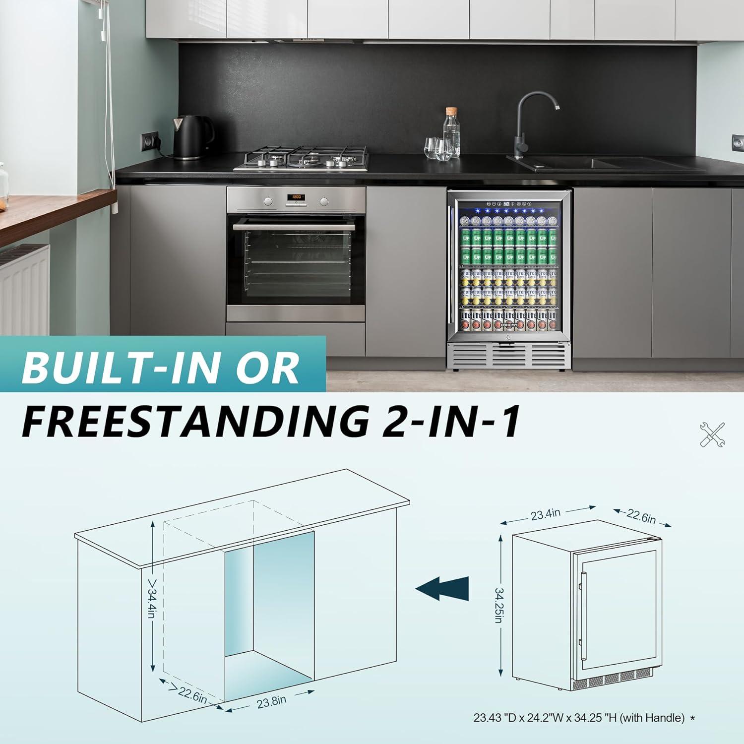 image:imageEUHOMY 24 Inch Wine and Beverage Refrigerator 112 Cans amp 8 Bottles Builtin or Freestanding Beverage Refrigerator DoubleLayer Glass Door Under Counter Wine Fridge for Kitchen Bar Office24 Undercounter Beverage Refrigerator