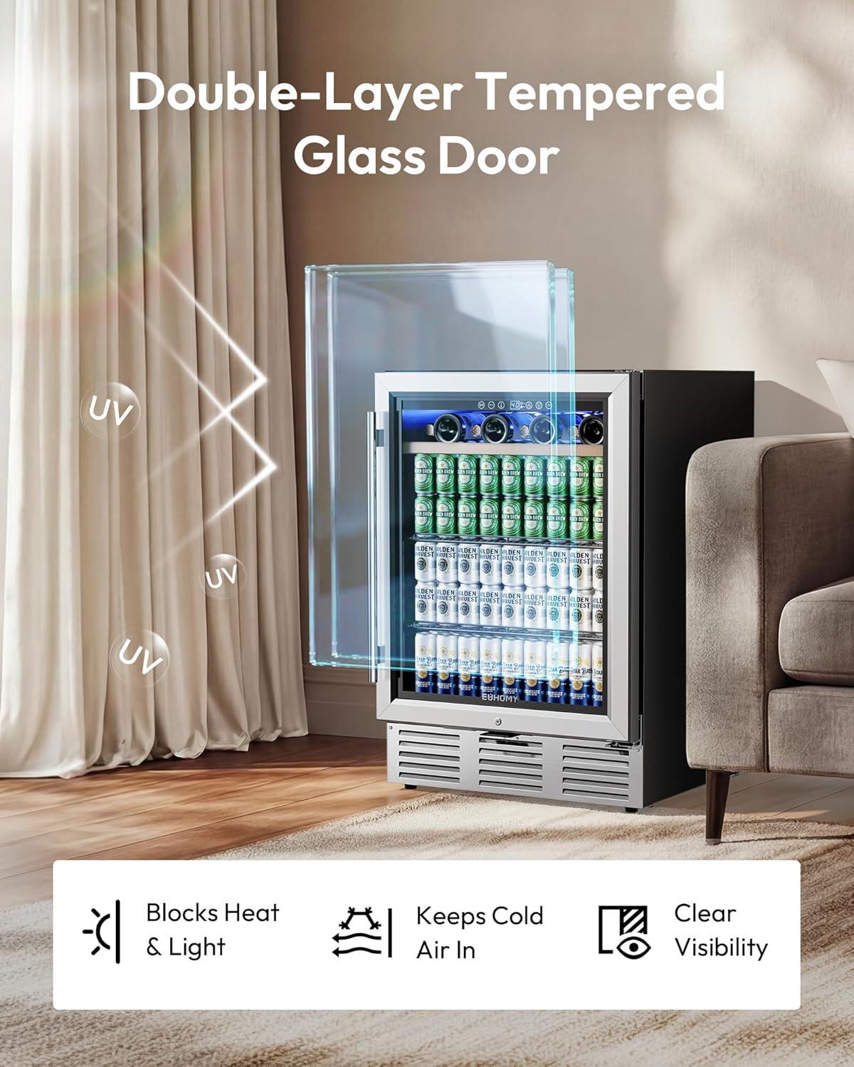 image:imageEUHOMY 24 Inch Wine and Beverage Refrigerator 112 Cans amp 8 Bottles Builtin or Freestanding Beverage Refrigerator DoubleLayer Glass Door Under Counter Wine Fridge for Kitchen Bar Office24 Wine and Beverage Refrigerator