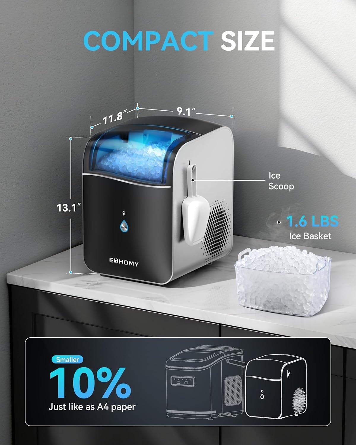 image:imageEUHOMY Smart Nugget Ice Maker Countertop Pebble Ice Maker Machine with APPAlexa Control 40lbs24H Ready in 7 Mins SelfCleaning Portable Sonic Ice Makers with Hanging Ice Scoop for HomeOfficeAPP Black