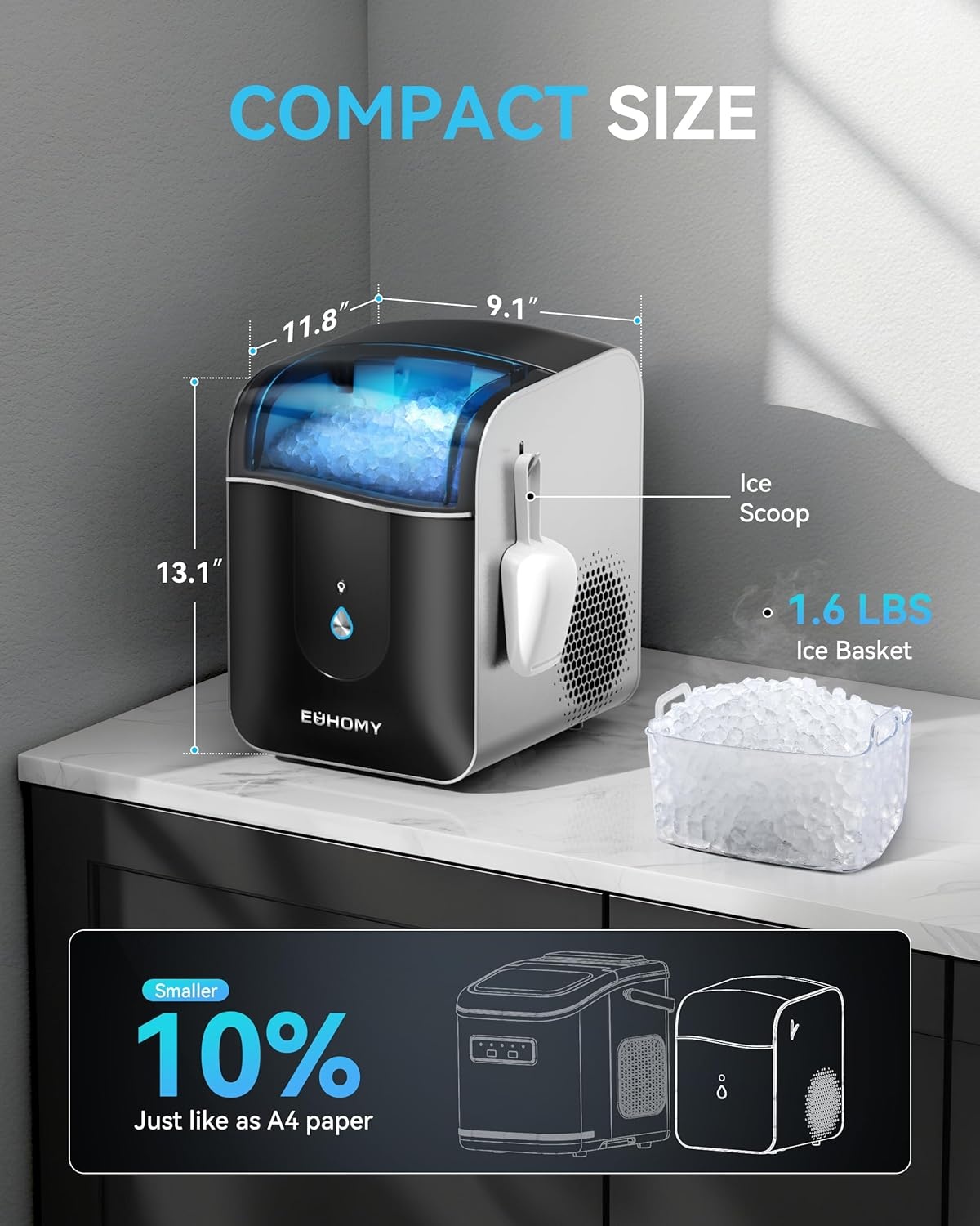 image:imageEUHOMY Smart Nugget Ice Maker Countertop Pebble Ice Maker Machine with APPAlexa Control 40lbs24H Ready in 7 Mins SelfCleaning Portable Sonic Ice Makers with Hanging Ice Scoop for HomeOfficeLeisure Black
